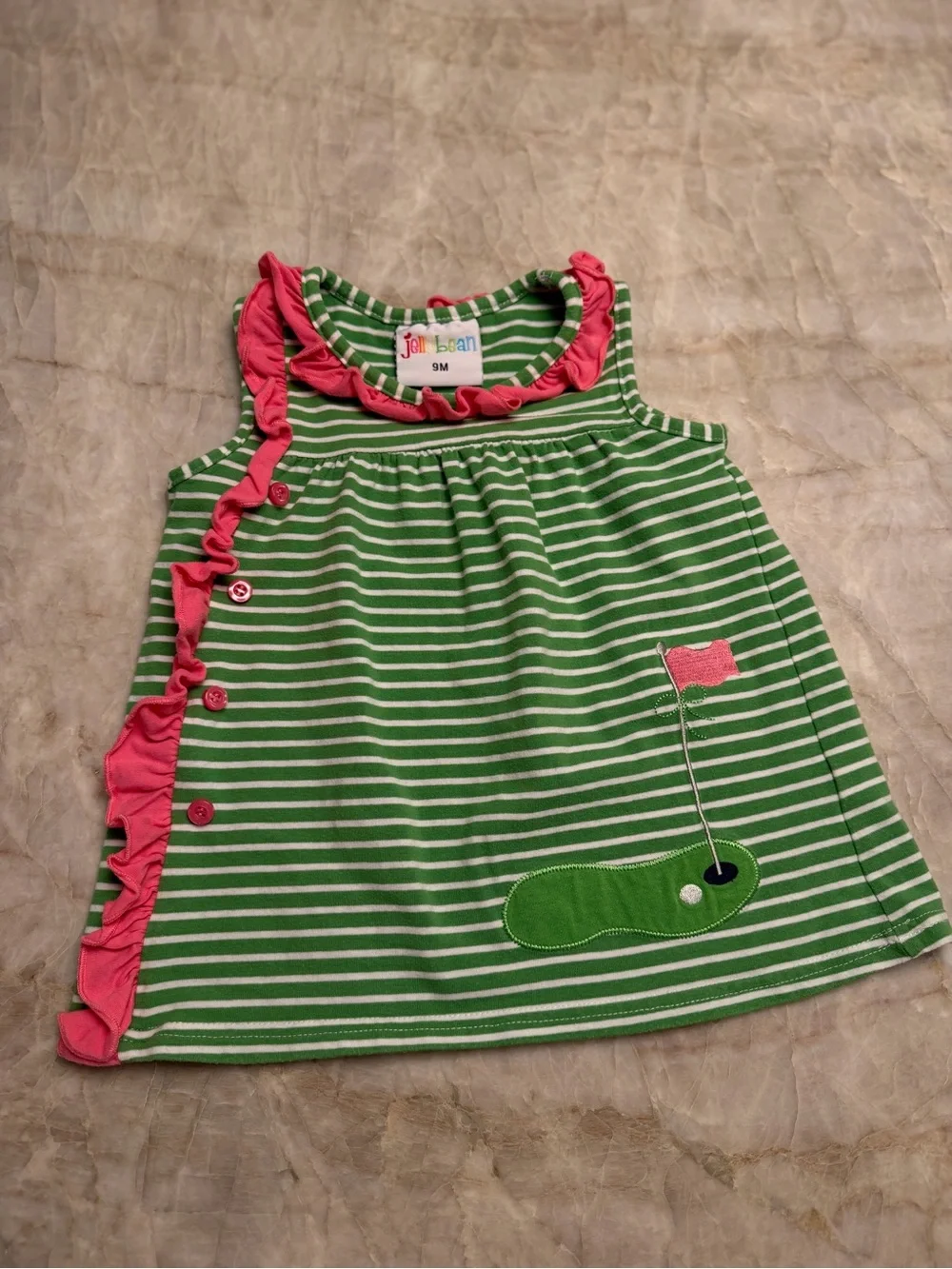 Jelly Bean Green & White Striped Ruffle dress with Pink Trim & golf appliqué